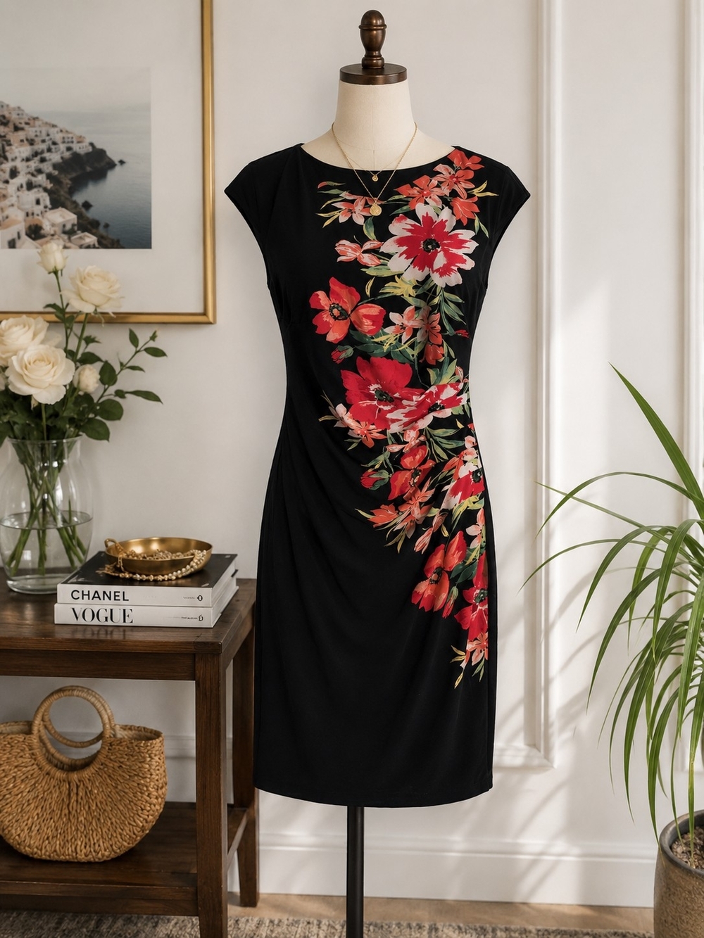 Anne Klein Black Midi Dress with Red Floral Print